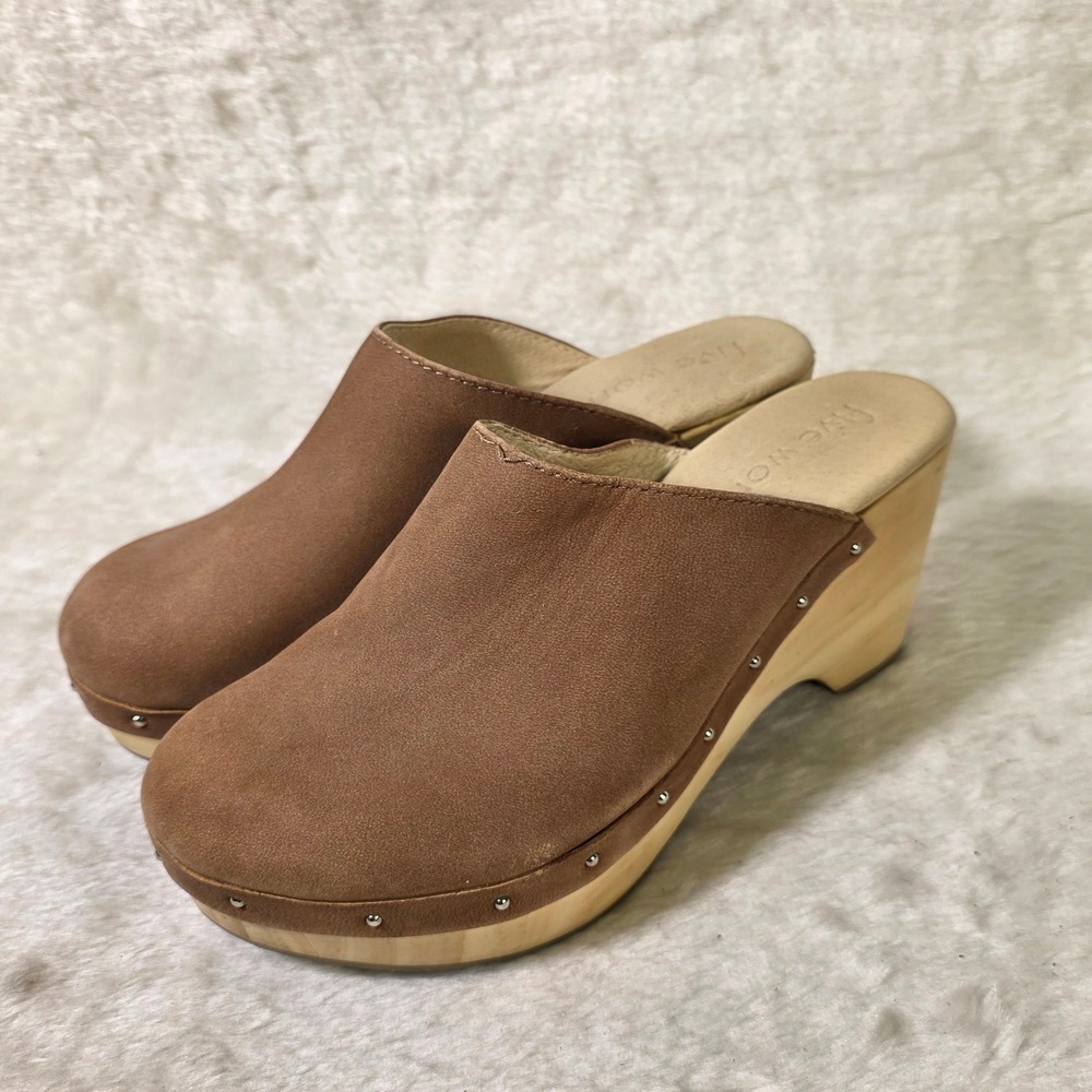 Five Worlds Cordani Clogs Mules Brown Suede Studded Wooden Wedge Womens 7.5